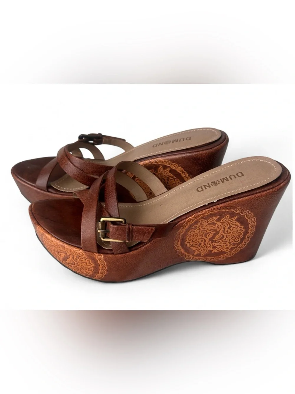 Brazilian Dumond Leather Brown Floral-Embossed Wedge Sandals